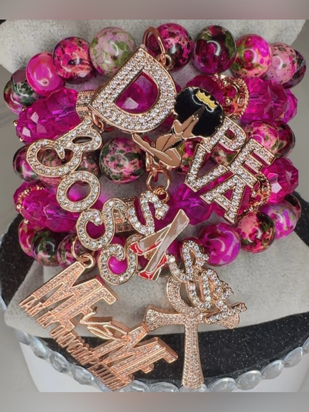 Agate gemstones Bracelet Stack with Hot Crystals Pink glass Beads